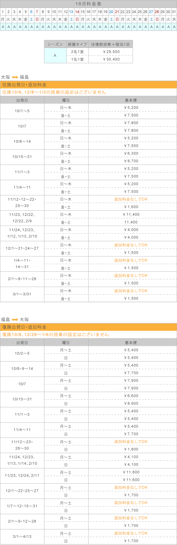 10月料金表