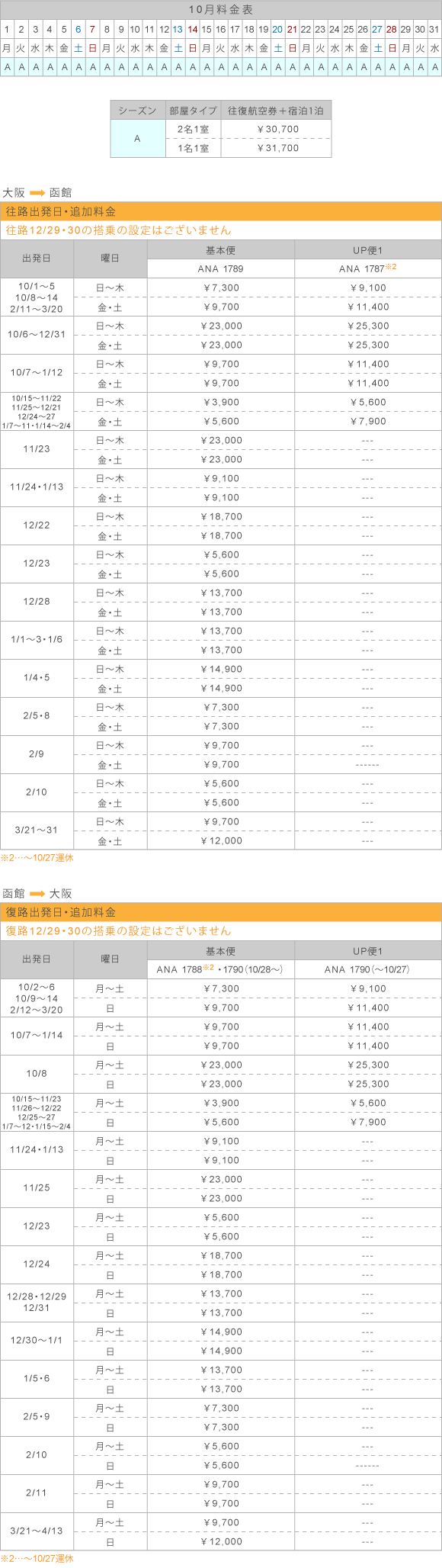 10月料金表