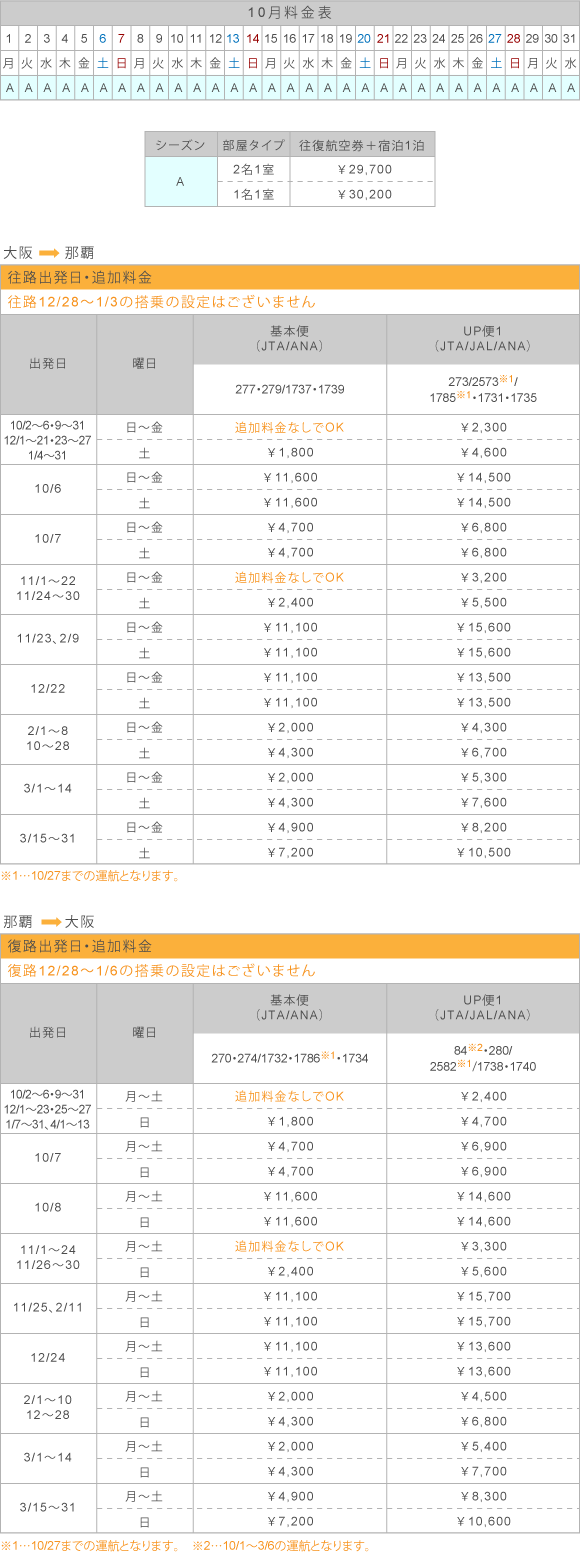 10月料金表