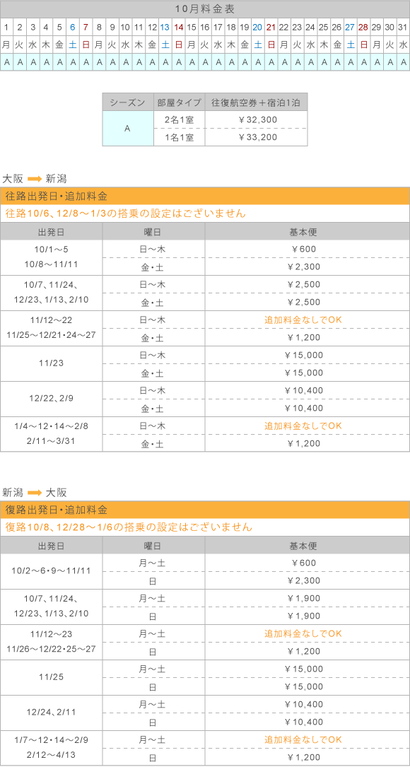 10月料金表