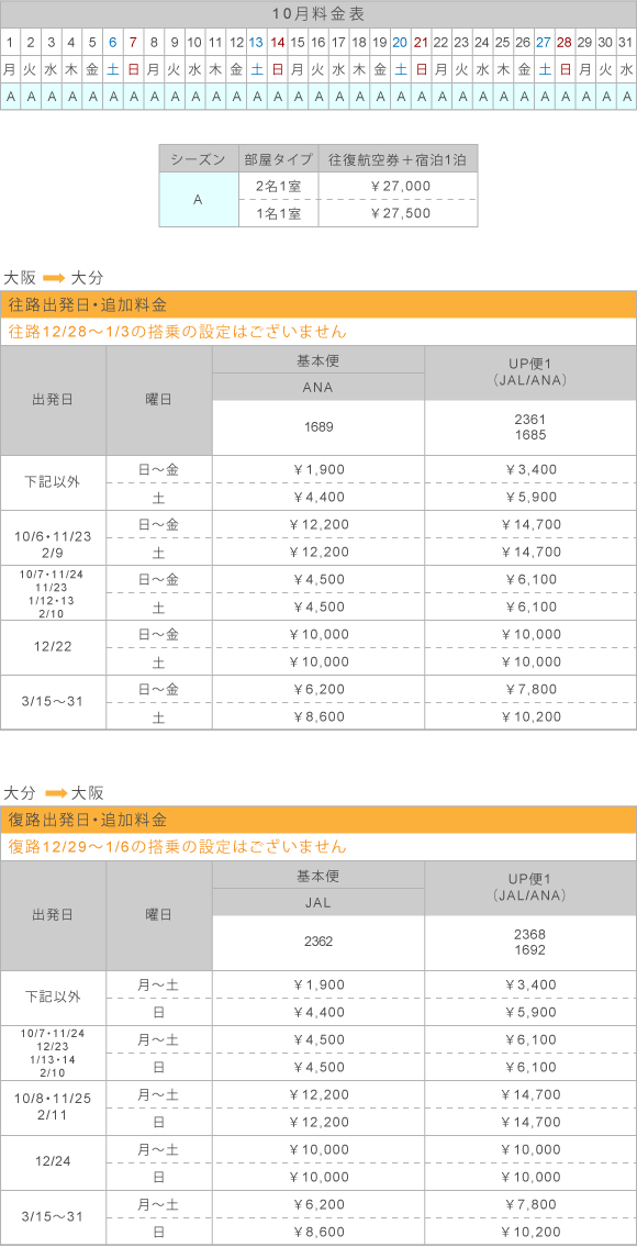 10月料金表